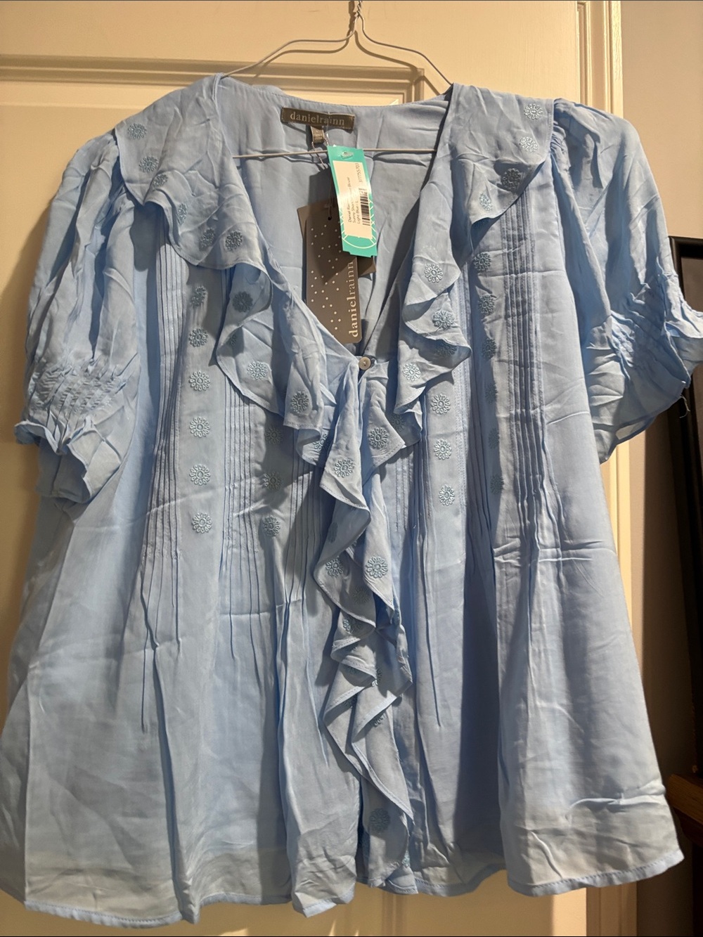 Daniel Rainn Powder Blue Ruffle-Front Blouse